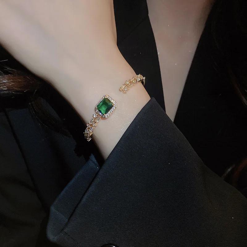 Square Zircon Adjustable Bangles for Women Light Luxury Temperament Cuff Bracelets Personality Emerald Hand Zircon Wholesale