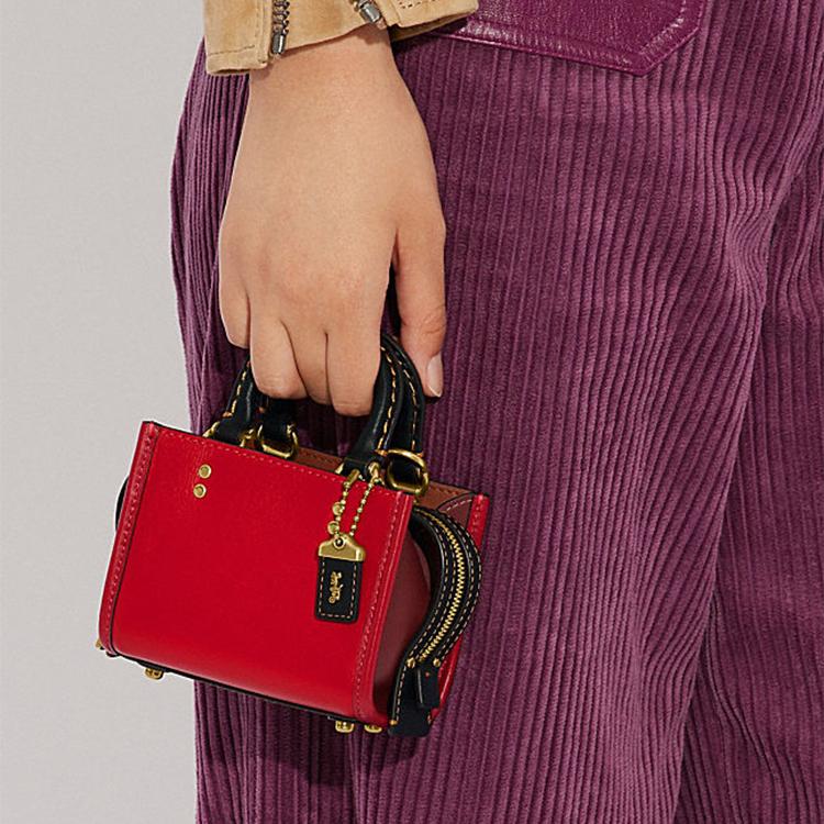 New COACH Rogue Cow Leather Small Square Bag, Handbag, Shoulder Bag, Crossbody Bag Mini Women's Red & Black CC482-B4UP7