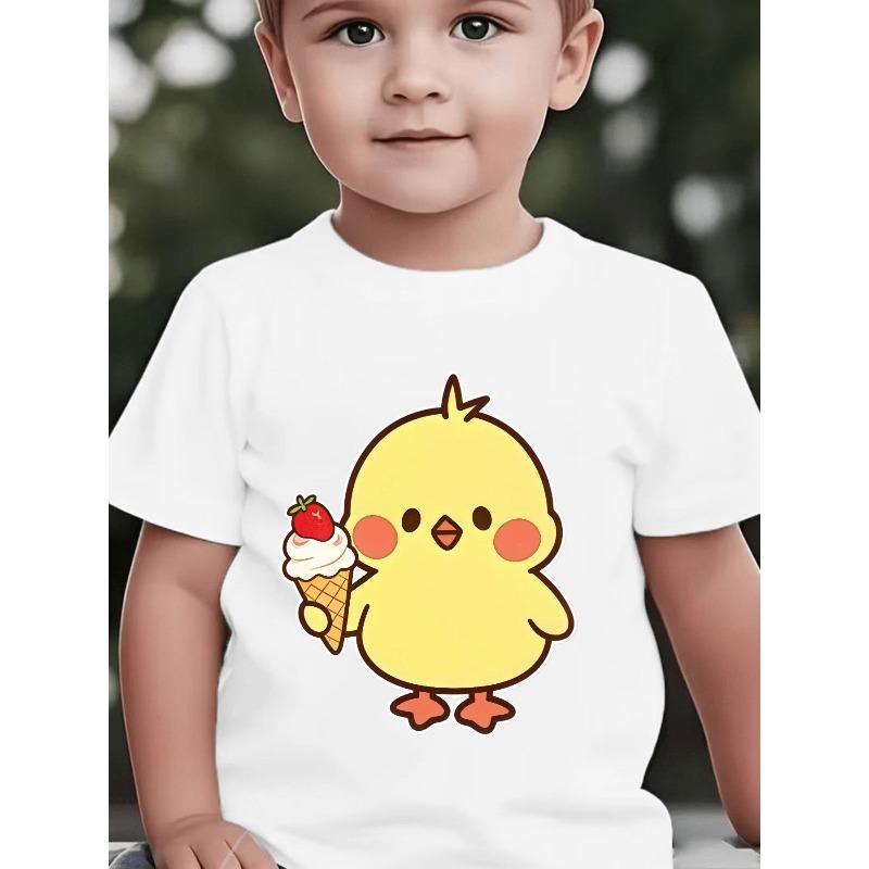 European sizes Boys' Short-Sleeve Cartoon Chick Ice Cream Strawberry Cute Round Face Fun Print Children's Summer Casual Top