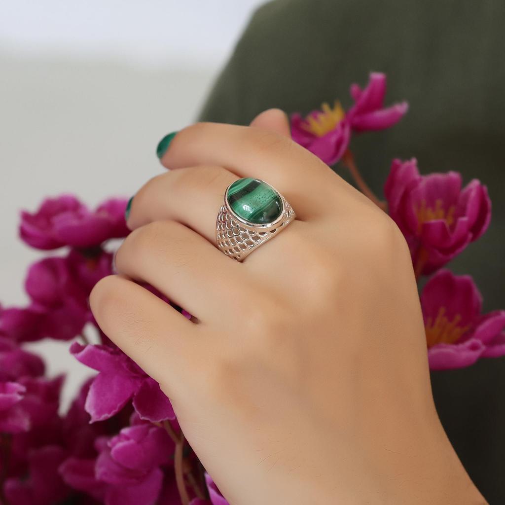 Malachite Gemstone Silver Ring, Pure 100% 925 Sterling Silver Fine Jewelry, Handmade Silver Ring, Unisex Ring Ar8928