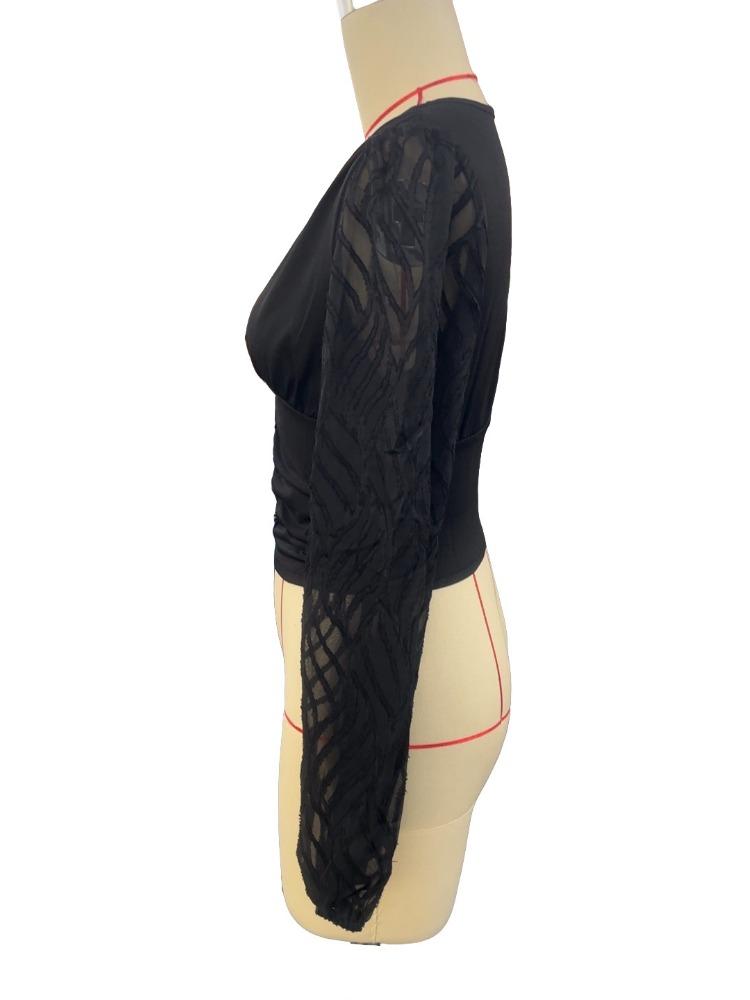 Chiffon Lantern Sleeve Splicing Pleated Waisted V-Neck Long Sleeve T-Shirt Slim Top Women Versatile Closet Essential Fashion Items Shirt