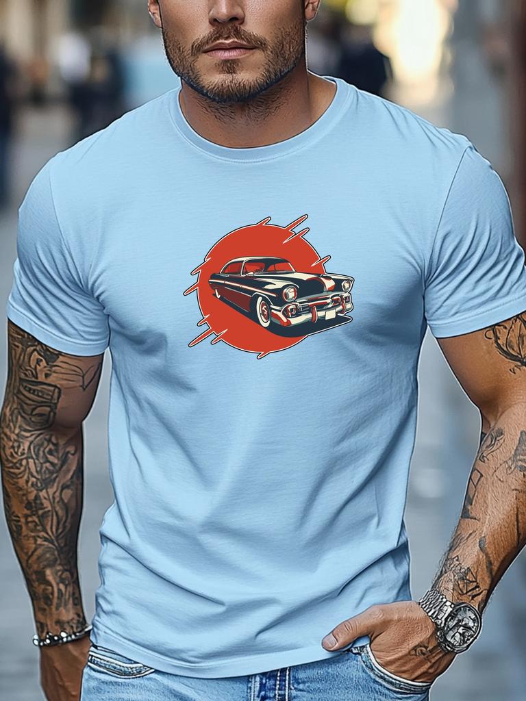 Mens Summer Retro TShirt Vintage Car Red Sun Print Short Sleeve Round Neck Breathable Oversized Classic Daily Wear