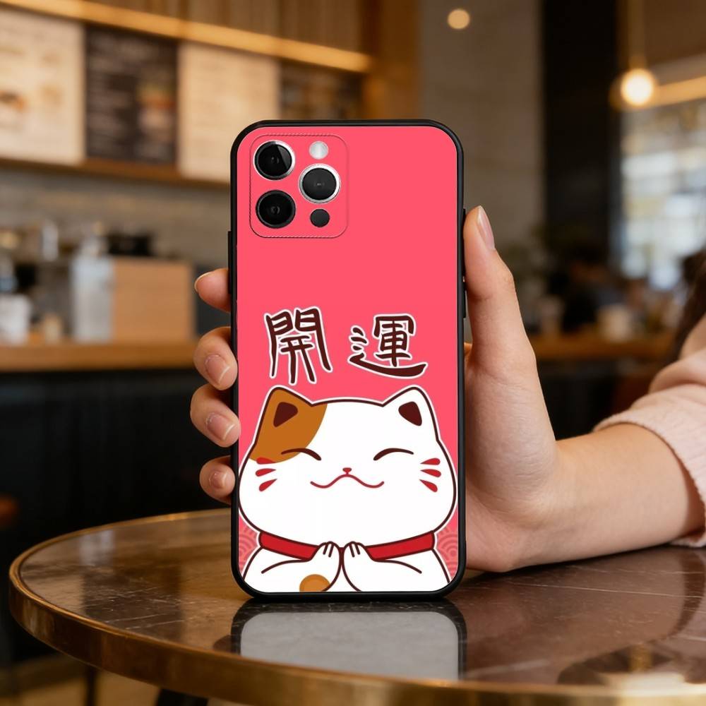 C-Cartoon Lucky Cat Soft Silicone Black Cover,Phone Case For iPhone 17,16,15,14,13,12,11 Plus,Pro Max,XS