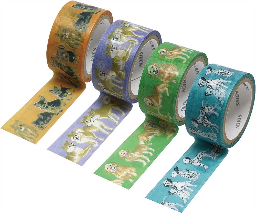 Kamiiso Sangyo Made In Japan Masking SAIEN Dog 2cm 4m Roll Tape, Series, 4-Piece Set, B, Wide,