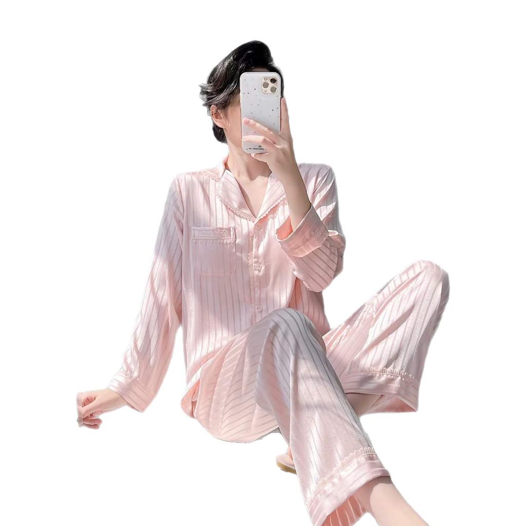 New spring and summer women's ice silk pajamas comfortable striped long-sleeved trousers acetic acid two-piece loungewear