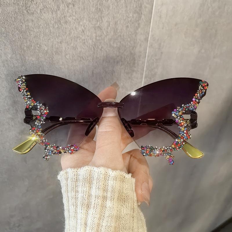 Butterfly Shaped Diamond Studded Sunglasses Frameless Sun Glasses For Women'S Parties Dances And Fashion Shows Glasses