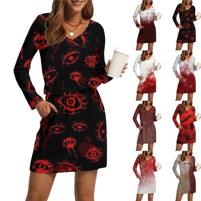 Women's Fashionable V-neck Long Sleeved Drawstring With Pocket Halloween Printed Casual Dress