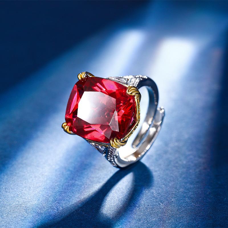 Jewelry Copper Bottom Gold-Plated Simulation Color Treasure Corundum Fat Rectangular Square, Including Ring Female 14 * 16
