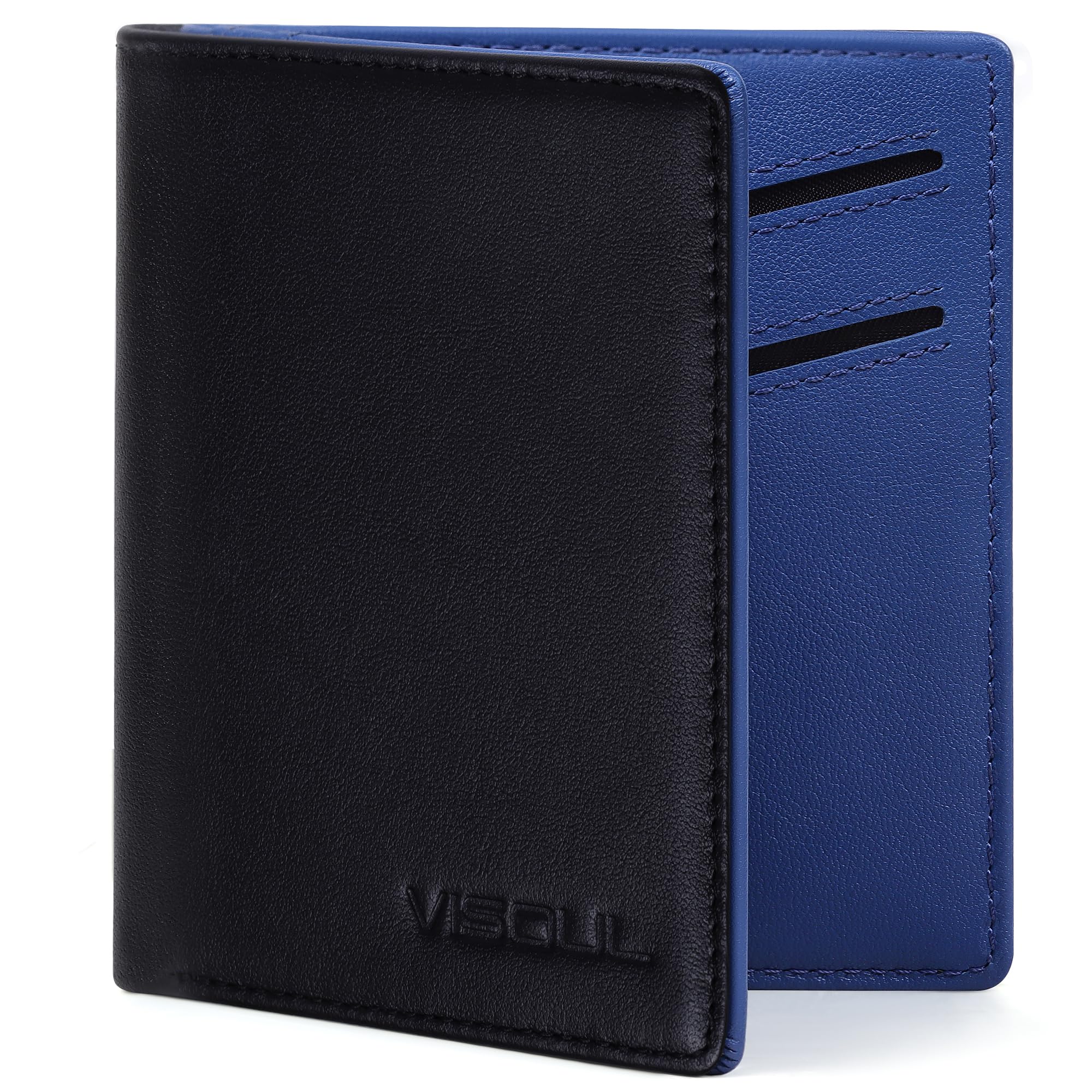 VISOUL Женский мини-кошелек из натуральной кожи, складной пополам, компактный, двухцветный дизайн, вмещает сложенные купюры, компактный, маленький кошелек, простой дизайн (Черно-синий)