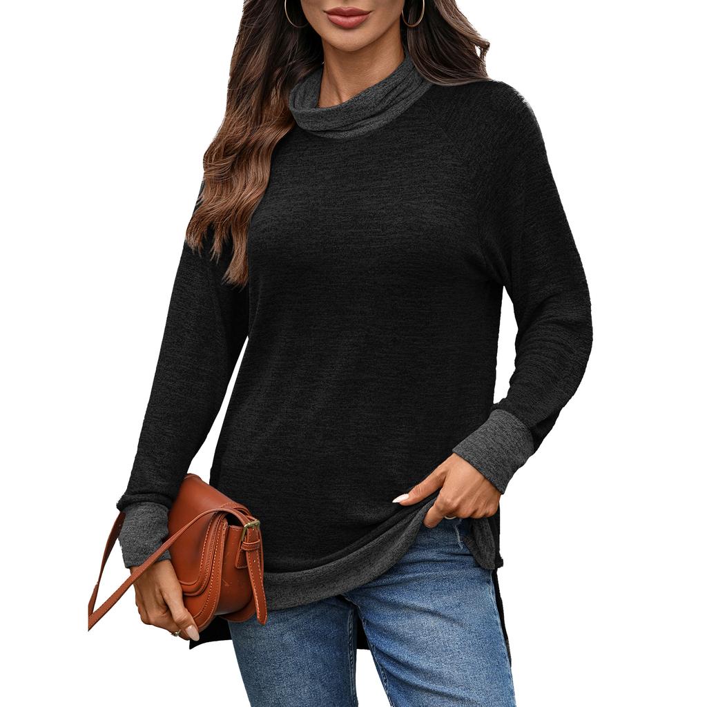 New Autumn and Winter Color-blocking High-neck Loose Long-sleeved T-shirt Top for Women