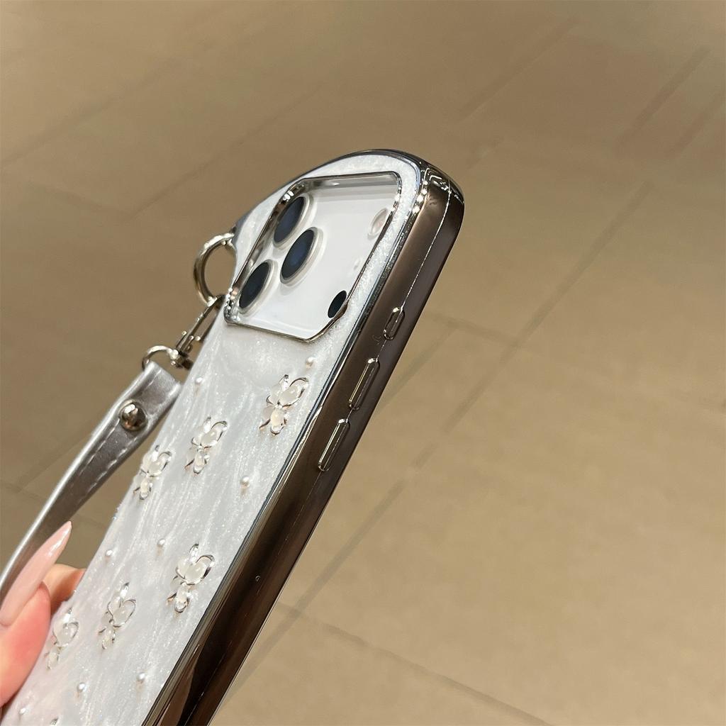 Elegant Pearl & Butterfly Shoulder Phone Case for iPhone 12-17 Series — Adjustable Strap, Mirror Metallic Frame