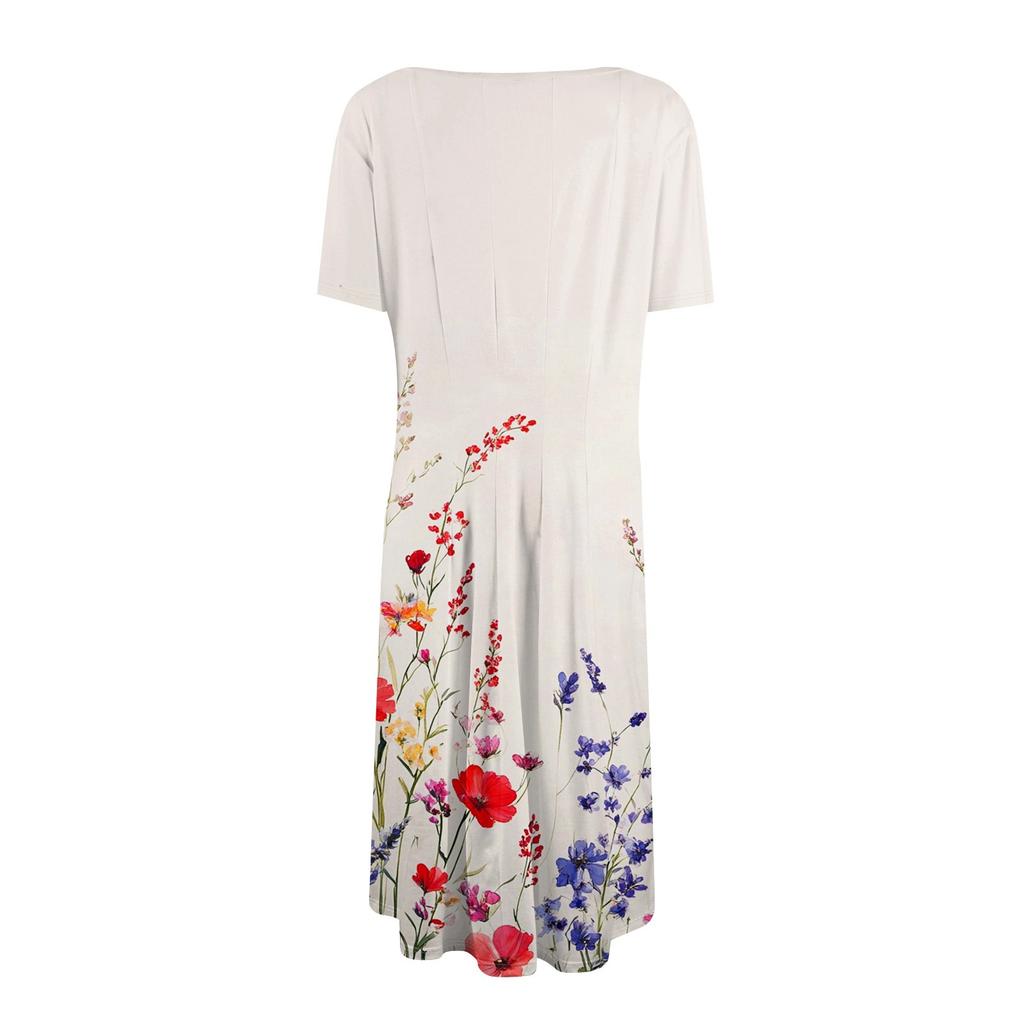 Damen Modisches Druck Rundhals Locker Kurzärmelig Tasche Pullover Kleid