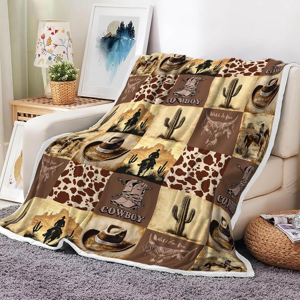 Coperta Plaid in Pile da Cowboy Western, Coperte da Cowboy Occidentali Vintage, Coperta in Flanella da Cowboy Retro del Selvaggio West a Cavallo, Morbida,