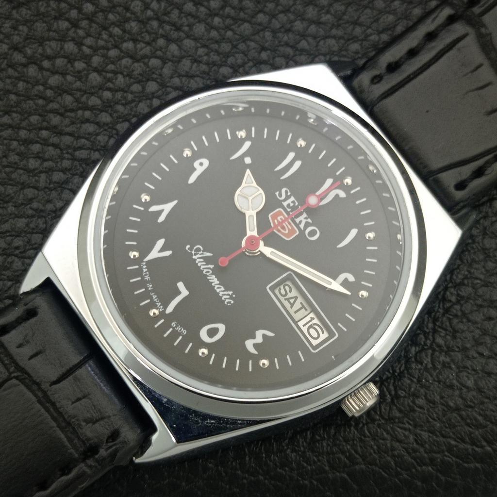 VINTAGE REFURBISHED SEIKO 5 AUTOMATIC 6309A JAPAN MENS BLACK WATCH A442581-1