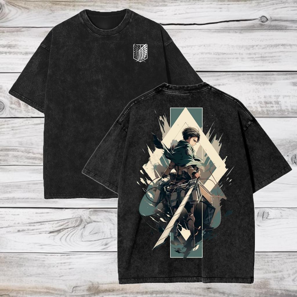 Rivaille Attack on Titan Manga Print T-Shirt Für Herren Damen Kleidung Baumwolle Kurzarm T-Shirts Vintage Gewaschen Übergroß Streetwear