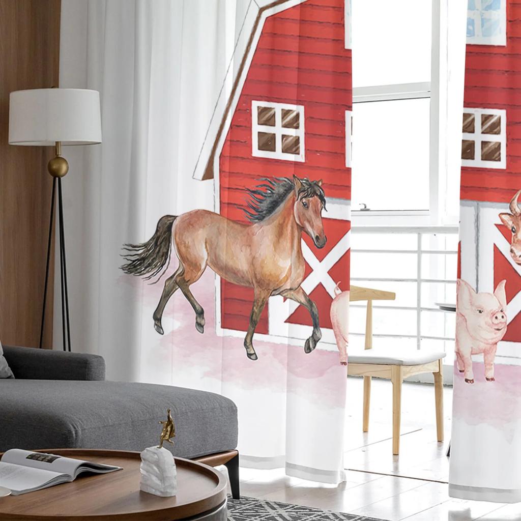 Watercolor Farm Animal Tulle Curtains Sheer Printed Drapes for Living Room Bedroom Balcony Hall Home Decor
