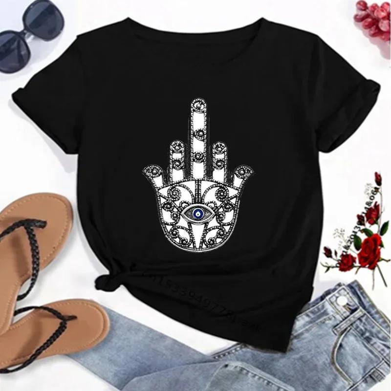Hamasa Hand der Fatima Print Damen T-Shirts Lucky Hamsa Hand Harajuku Unisex T-Shirts Sommer Kurzarm Schwarzes Top Tees Weiblich