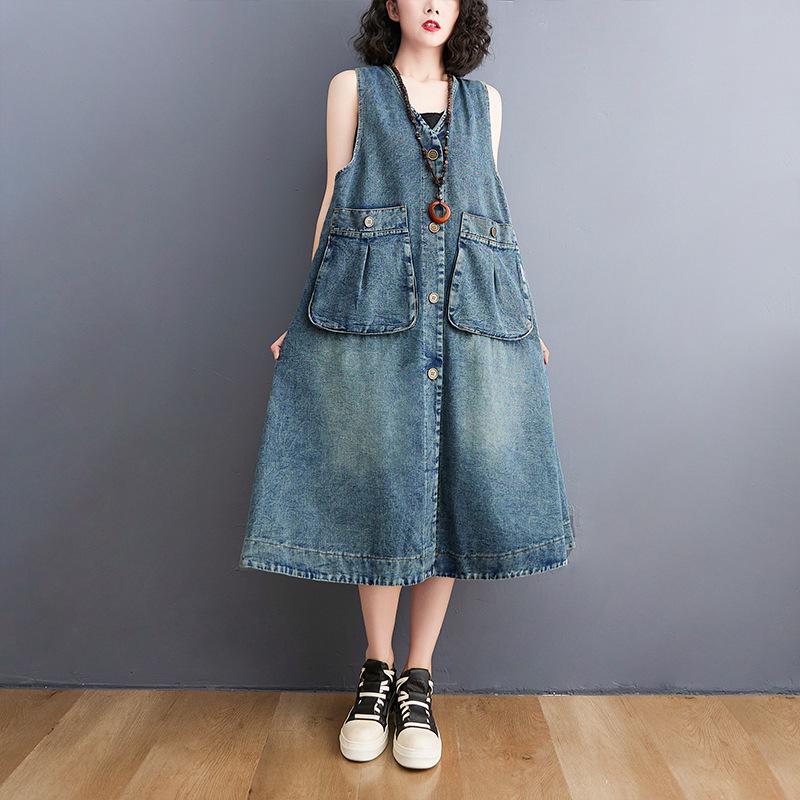 Plus Size Fashion Mid-Length Sleeveless Denim Vest Dress L синий