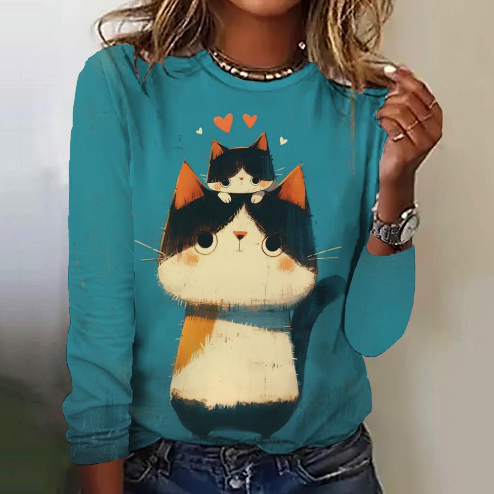 Harajuku Cat Printed Women's T-Shirts Autumn/ Winter Long Sleeves Imitation Cotton Clothing Fashions Round-Neck Tshirts 2024 New