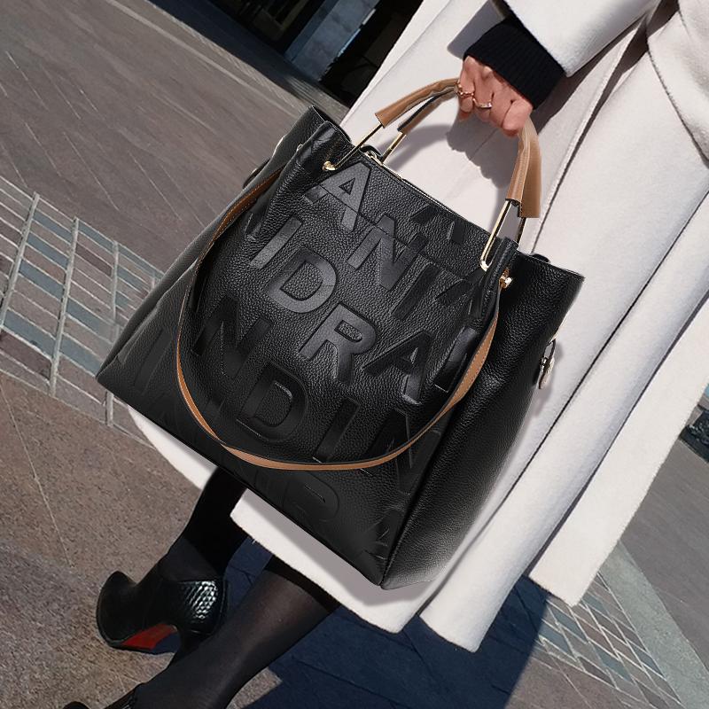 High End Black Women's Handbag with Large Capacity Made of High-quality Cowhide and Printed with Letters