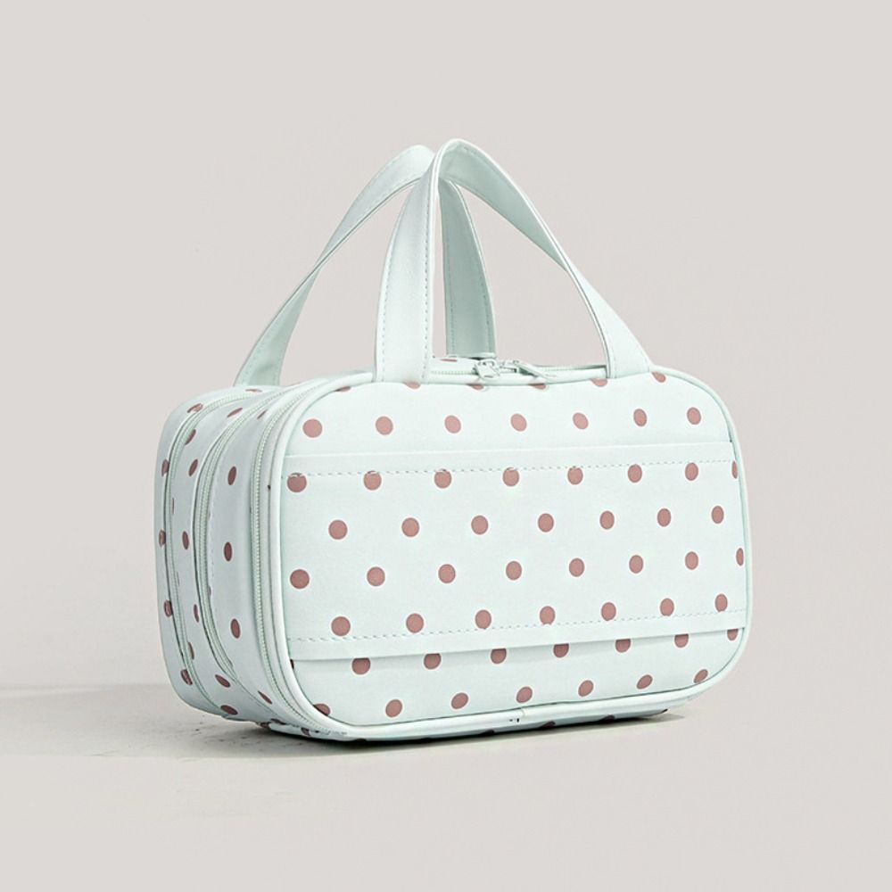 Borsa per Trucco Portatile a Pois Multifunzionale Impermeabile in PU Borsa Cosmetica Grande Capacità Tre Strati Divisi Borsa da Toilette