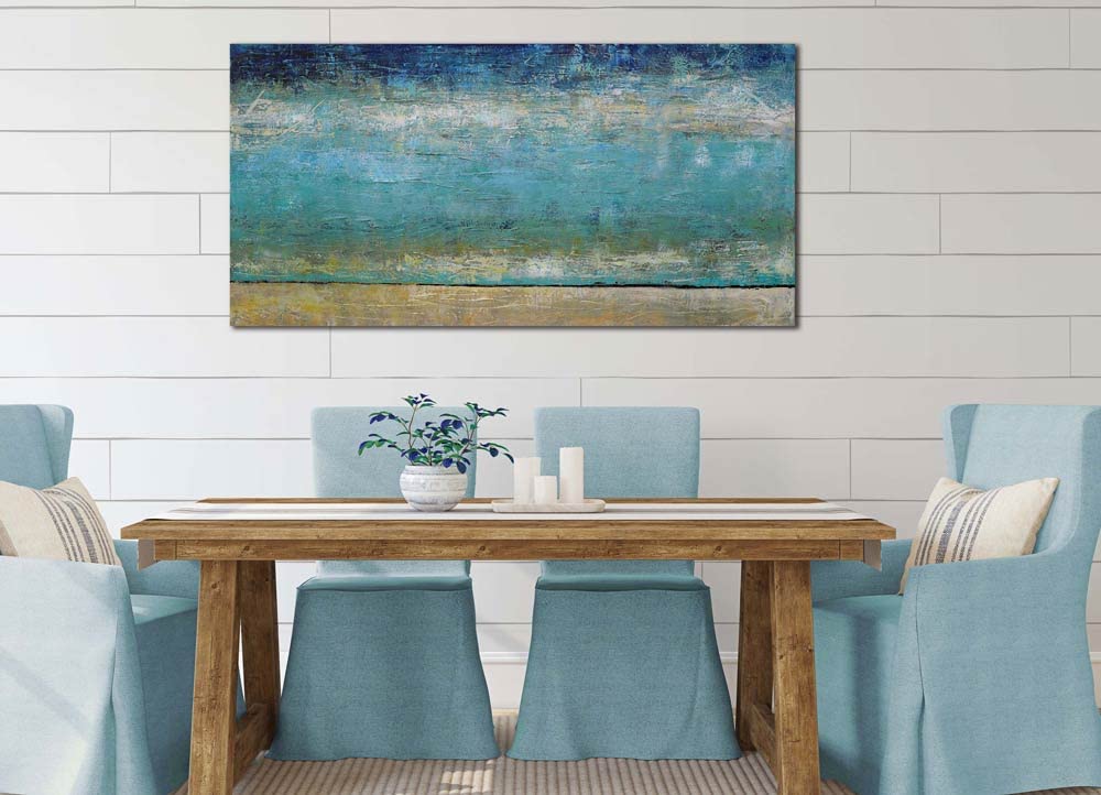 BWA Painting Interior Varnished Wall Art 100cm x 50cm Art Panel Art Board Nordic Ocean Blue Oil Painting Abstract (Waterfront no. 2)