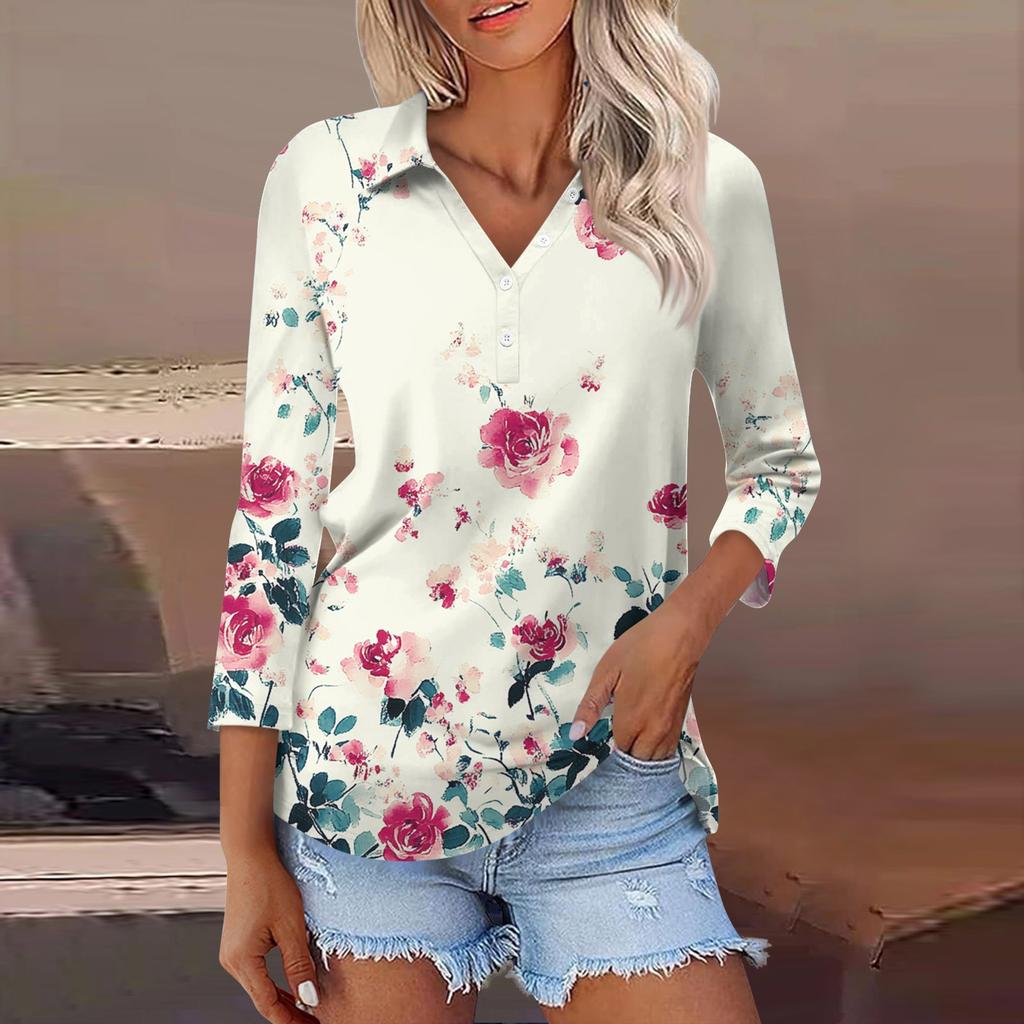 Women's Fashion Casual Lapel 3/4 Sleeve Print Shirt Women's Button Up Tops