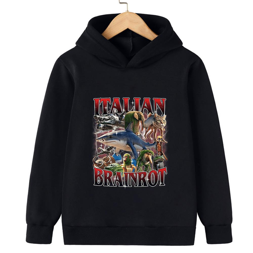 Italian Brainrot Character 2d Children's Hooded Sweatshirt Autumn and Winter Warm Boys and Girls Warm Sweatshirt Fun Ashionable