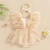 Infant Baby Girls Romper Dress Fly Sleeve Square-Neck Floral Embroidery Tulle Jumpsuit with Bow Headband
