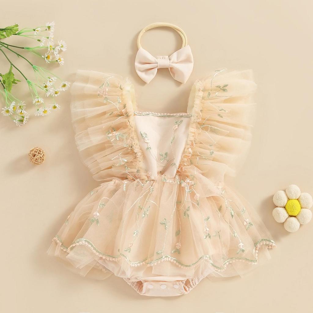Infant Baby Girls Romper Dress Fly Sleeve Square-Neck Floral Embroidery Tulle Jumpsuit with Bow Headband