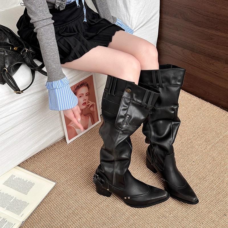 Fashion Niche Design Pointed Boots Big Tube Circumference High Heel Stacking Boots Retro Slim Women's Western Fashion Boots