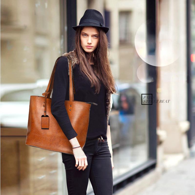 Leather Bucket Bag Simple Style Double Strap Handbag Shoulder Bags for Women Shopping Tote Ladies Tote Bag