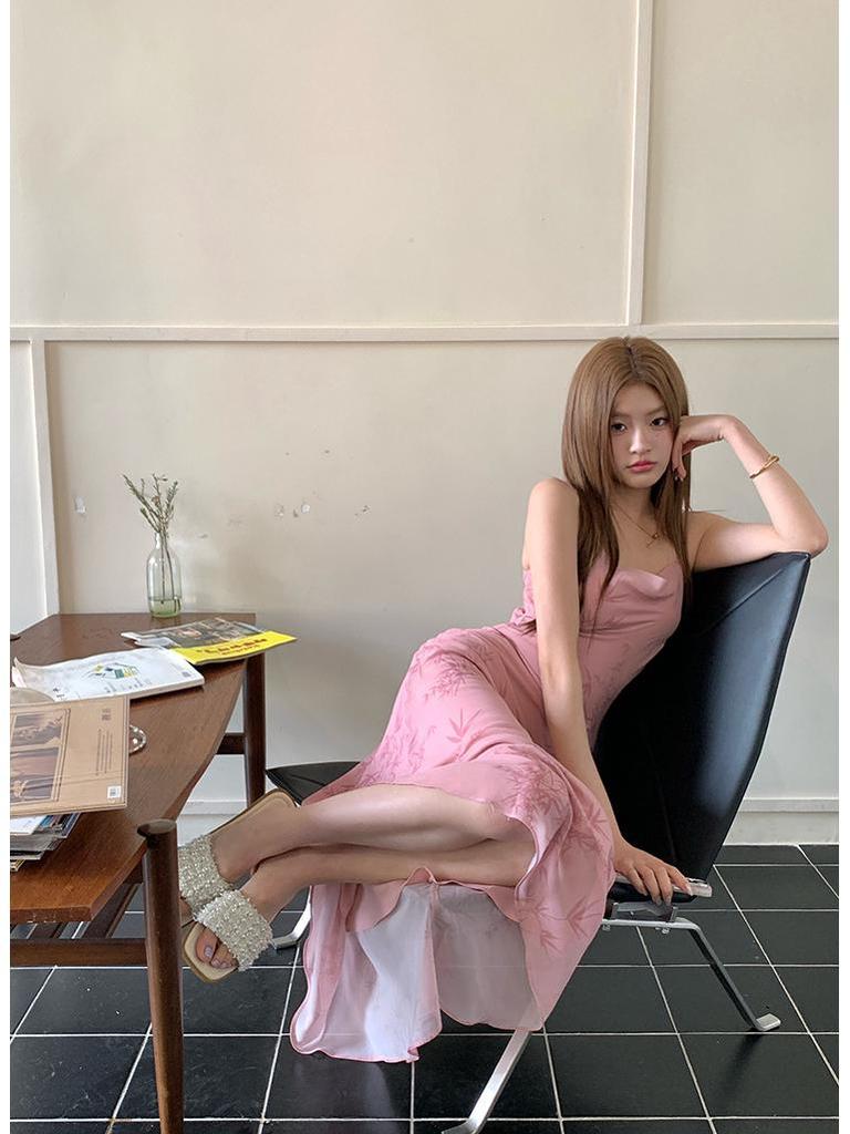 2026 Spring/Summer Pink Bamboo Rhyme Spaghetti Strap Long Dress for Women