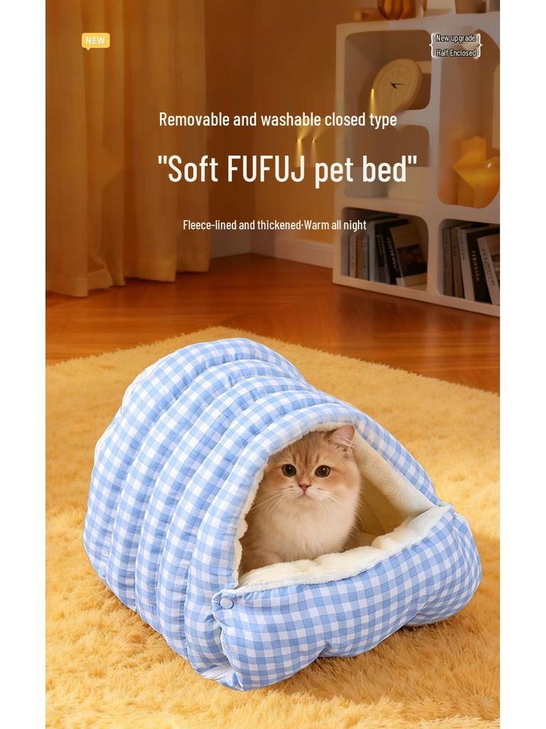 Warm Thickened Enclosed Pet Bed - Detachable, Washable Plaid for Cats & Dogs