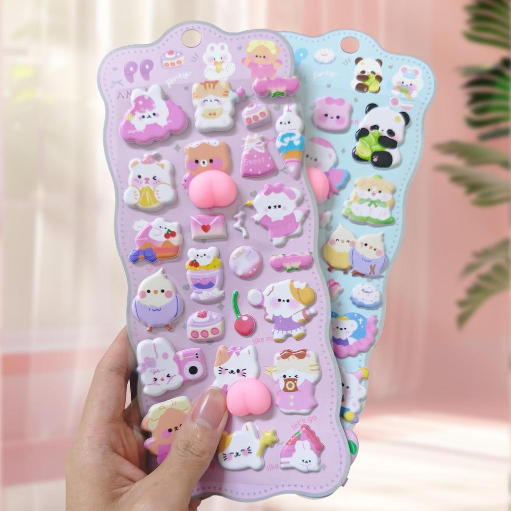 Set of 4 Squishy 3D Stickers with Cute Animal Perfect for and Sticky Decorations for Kids and Craft and Gifts Characters, Decorating, Treats, Diaries,