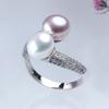 New Double Pearl Adjustable Natural Freshwater Pearl Original 925 Silver Zircon Women's Ring Fine Bridal Jewelry