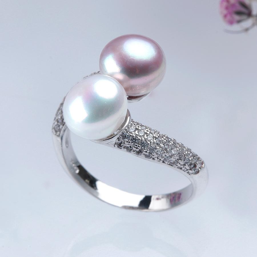 New Double Pearl Adjustable Natural Freshwater Pearl Original 925 Silver Zircon Women's Ring Fine Bridal Jewelry
