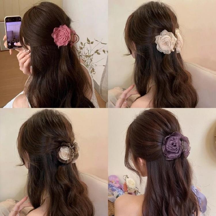 Contemporary Camellia Design Hair Claw Clip Practical Strong Grip Hairpin With Tulle Flower Embellishment