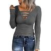 Autumn Long Sleeve Women T-shirts Slim Fit Tees Women Sexy Hollow Out V-neck Solid Color Long Sleeve Tshirt Clothes
