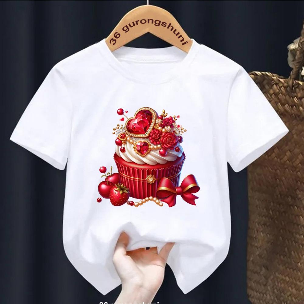 Erdbeerkuchen-Print T-Shirt Kinder Sommermode Kinder Cartoon T-Shirt Rundhals Kurzarm Mädchen T-Shirt Tops 1-14 Jahre