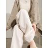Oatmeal Herringbone Fleece Wide-Leg Pants for Women - Autumn/Winter Slim Fit