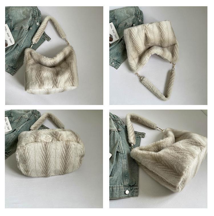 Luxury Faux Fur Women's Bucket Shoulder Bags Fashi Soft Plush Female Stripes Handbags Large Capacity Ladies Furry Tote Bag
