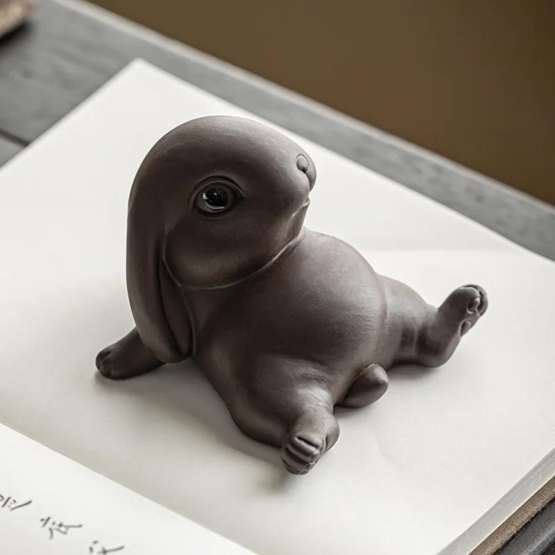 Purple Clay Tea Pet Mascot Rabbit Tea Figurine Ornaments Handmade Crafts Tea Set Decoration Accessories