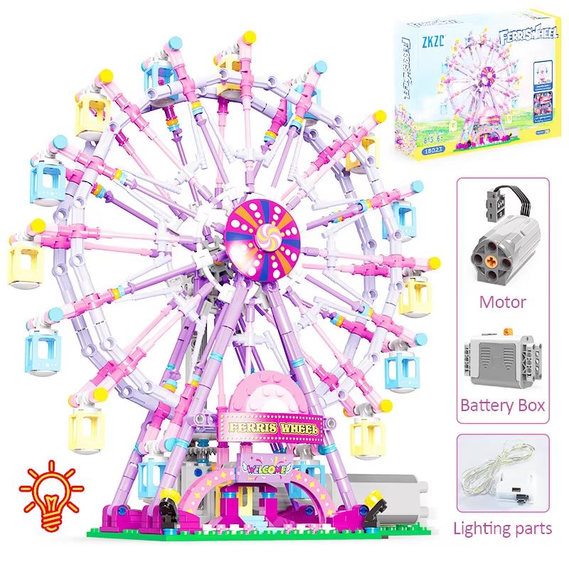 

City Friends Rotating Ferris Wheel Building Blocks MOC Pink Blue Electric Bricks with Light Toys for Children Christmas DIY Gift