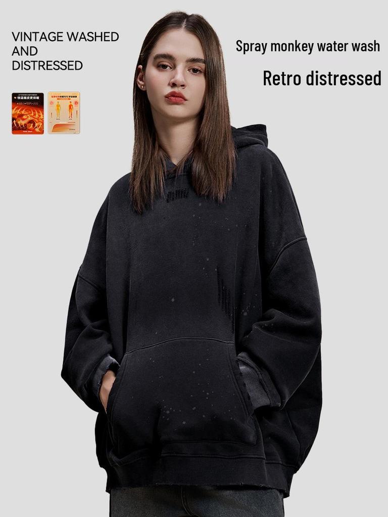 Unisex Trendy High Street Monkey Spray Paint Loose Hoodie – Autumn/Winter Plus Velvet Pullover
