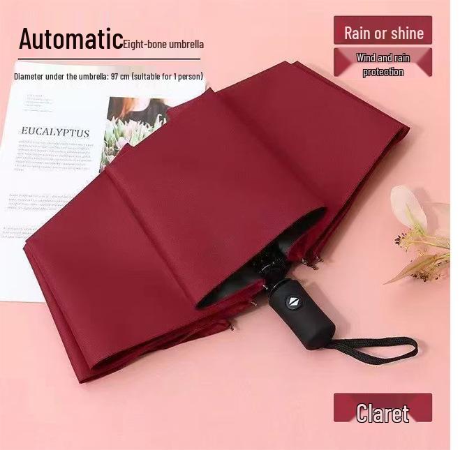 Vollautomatischer dreifach faltbarer UV-Schutz-Schirm mit schwarzem Kleber und Logo für Regen oder Sonne