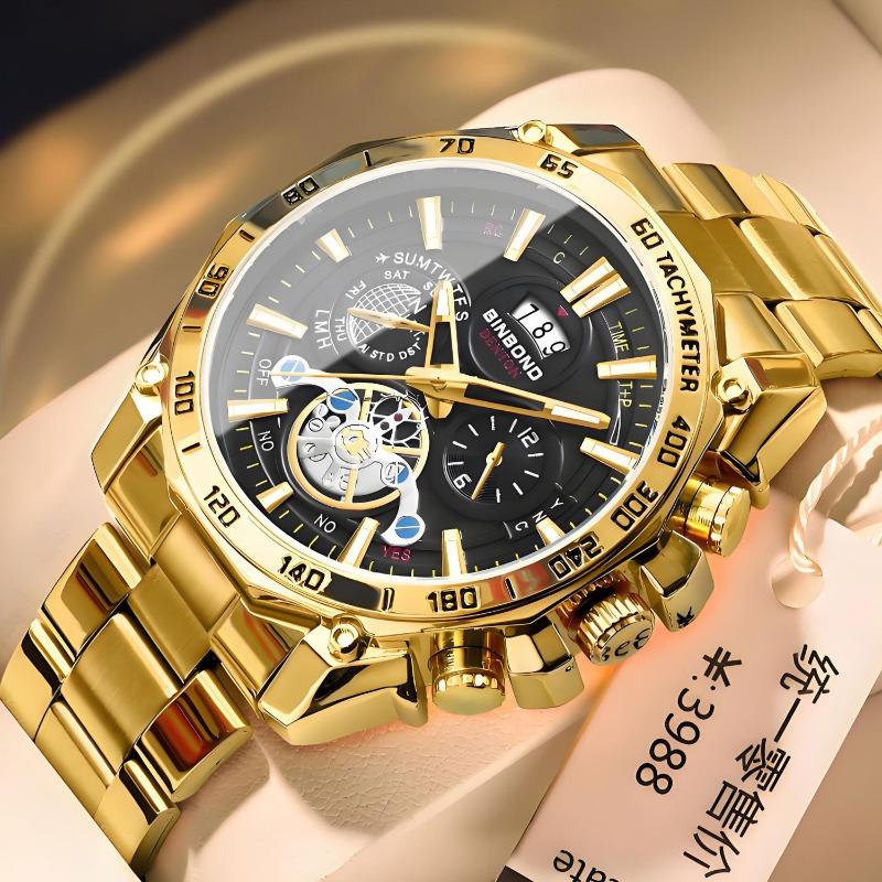 BINBOND luminous trend student watch men's tourbillon gift steel belt three eyes six needles decorative watch