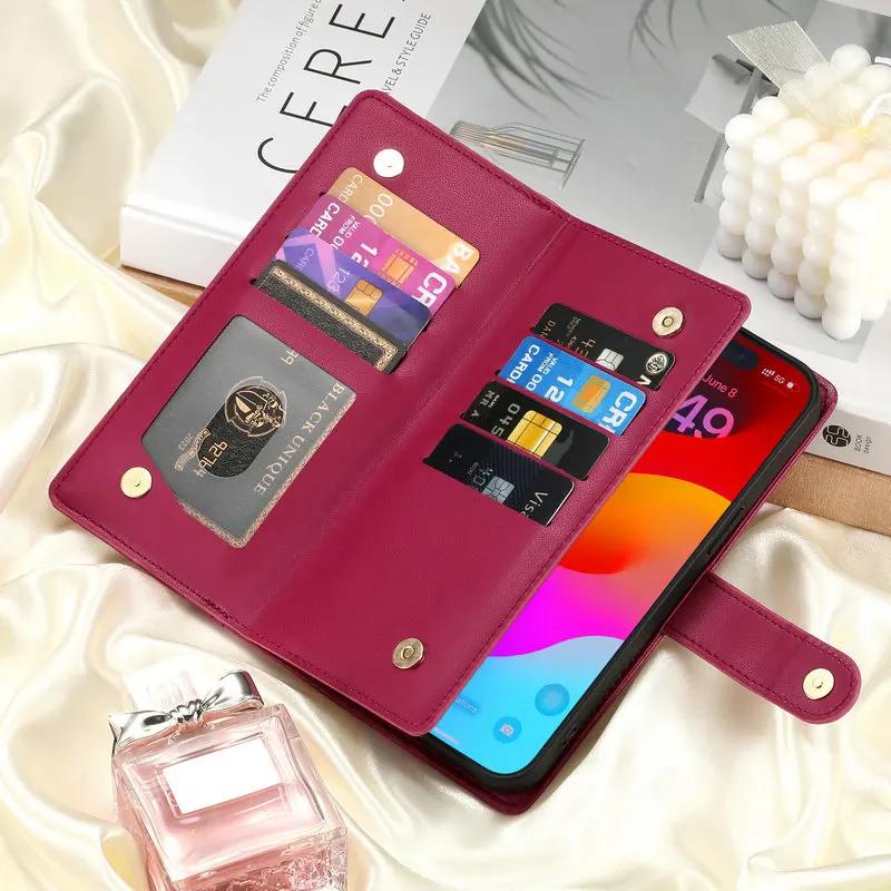 Zipper Leather Crossbody Phone Case for iPhone 17 Air 16 15 14 13 12 11 Pro Max 16e XS XR 8 7 Plus SE Card Solt Wallet Cover