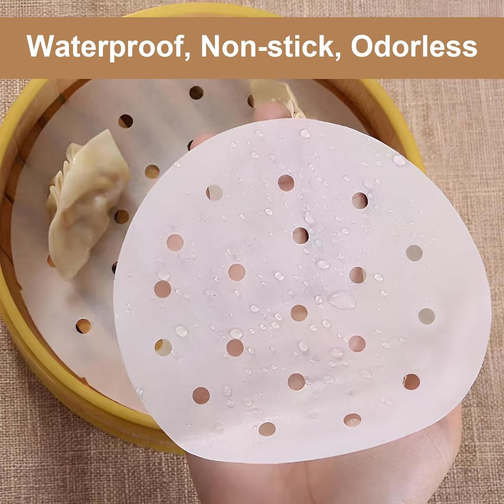 400pcs Air Fryer Liners, 4 inches Bamboo Steamer Liners, Premium Perforated Parchment Steaming Papers, Non-stick Steamer Mat Liner for Air Fryers