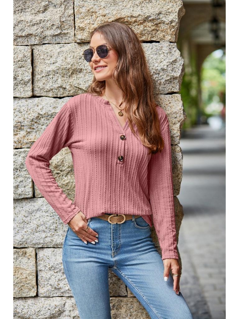2024 Autumn Winter New Women Long Sleeve T-shirts Ladies Fashion Buttons V-neck Knitted Tee Shirt Female Solid Color Casual Tops